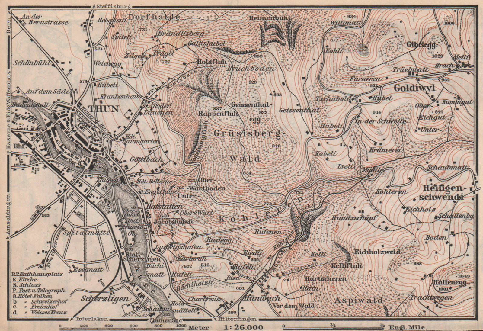 THUN ENVIRONS. Goldiwyl. Switzerland Suisse Schweiz carte karte 1897 map